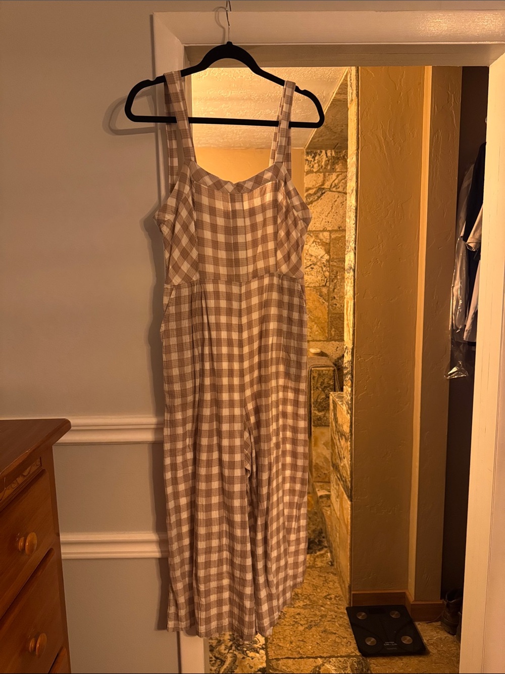 Free People Beige Gingham Wide-Leg Jumpsuit